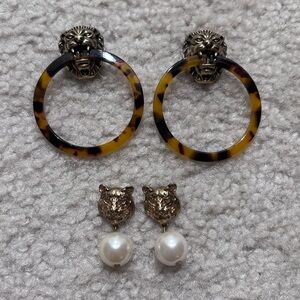 2 set - Tortoise Hoop Lion Earrings and Pearl Drop Lion Earrings